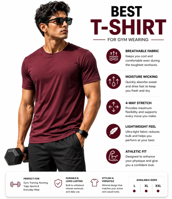 Men's Maroon Cotton T-Shirt Regular Fit Round Neck Casual Plain Tee