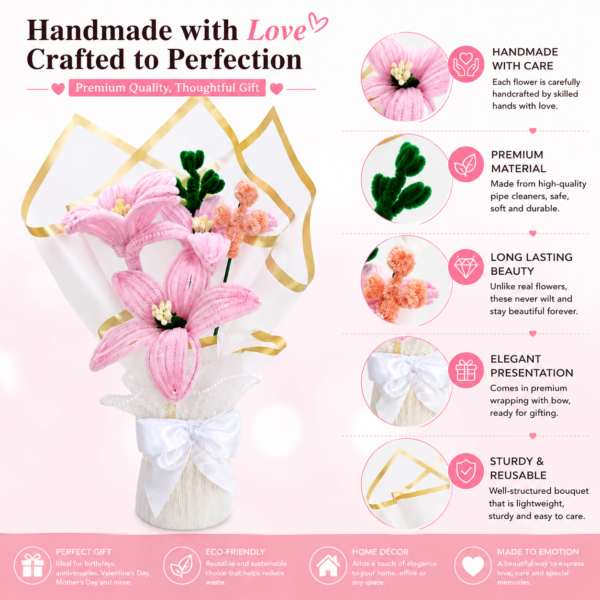 Handmade Pink Lily Pipe Cleaner Flower Bouquet | Crochet Style Artificial Flower Bouquet for Gifts & Home Decor