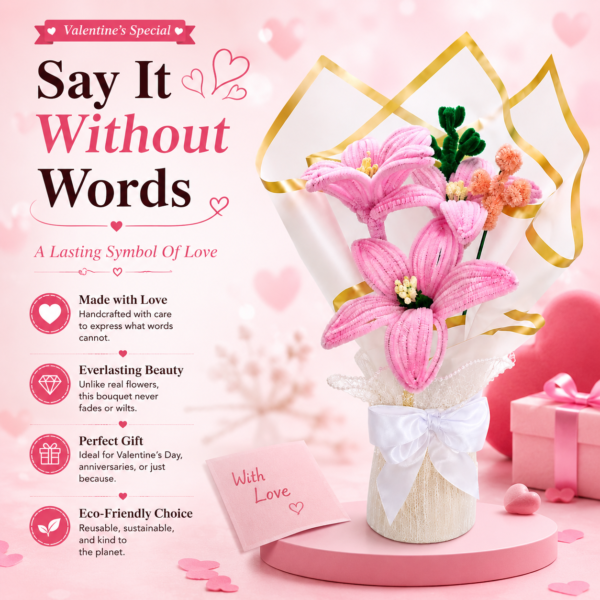 Handmade Pink Lily Pipe Cleaner Flower Bouquet | Crochet Style Artificial Flower Bouquet for Gifts & Home Decor