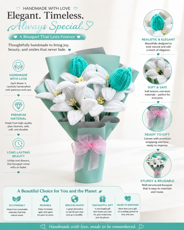 Handmade Pipe Cleaner Lily Flower Bouquet | Crochet Style Artificial Tulip & Lily Bouquet for Gift Decoration