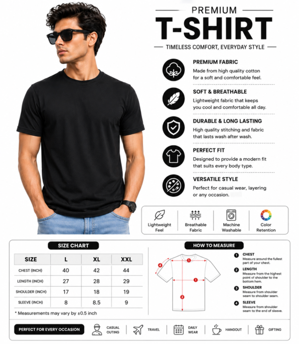 Men's Black Cotton T-Shirt Regular Fit Round Neck Casual Plain T-Shirt