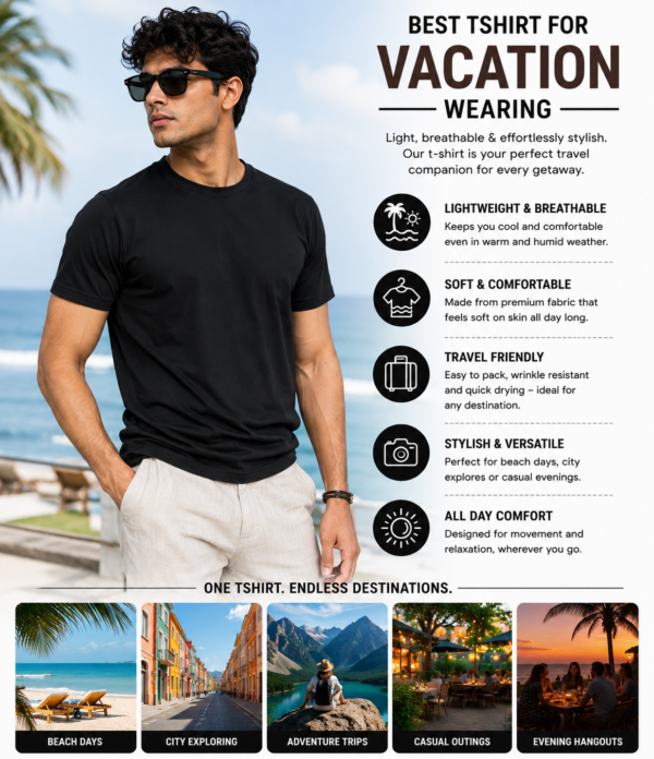Men's Black Cotton T-Shirt Regular Fit Round Neck Casual Plain T-Shirt