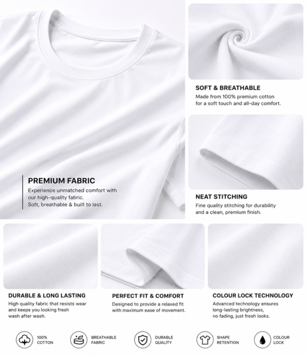 Men's White Cotton T-Shirt Regular Fit Round Neck Casual Plain T-Shirt