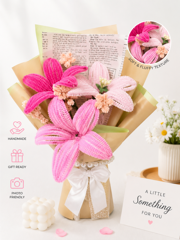 Handmade Pink Lily Pipe Cleaner Flower Bouquet | Crochet Style Artificial Flower Bouquet for Gifts & Home Decor