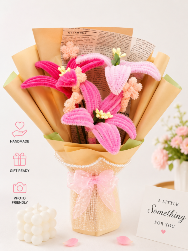 Handmade Pink Lily Pipe Cleaner Flower Bouquet | Crochet Style Artificial Flower Bouquet for Gifts & Home Decor
