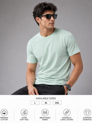 Men's Mint Green Cotton T-Shirt Regular Fit Round Neck Casual Plain Tee