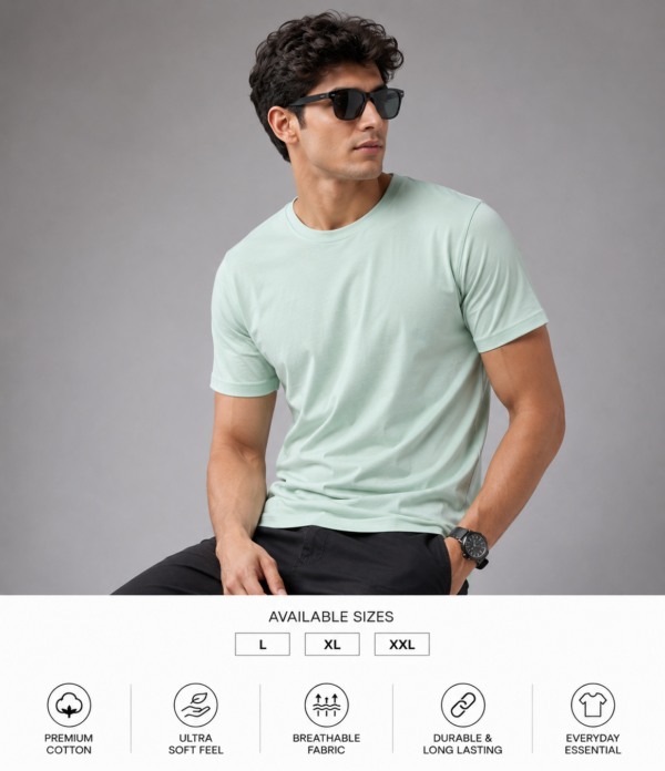 Men's Mint Green Cotton T-Shirt Regular Fit Round Neck Casual Plain Tee
