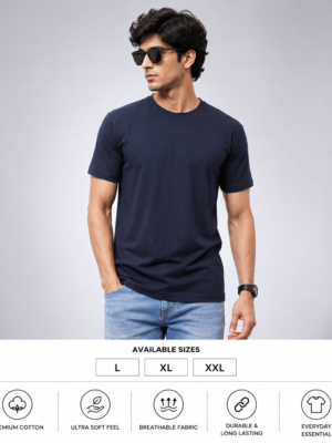 Men's Navy Blue Cotton T-Shirt Regular Fit Round Neck Casual Plain Tee