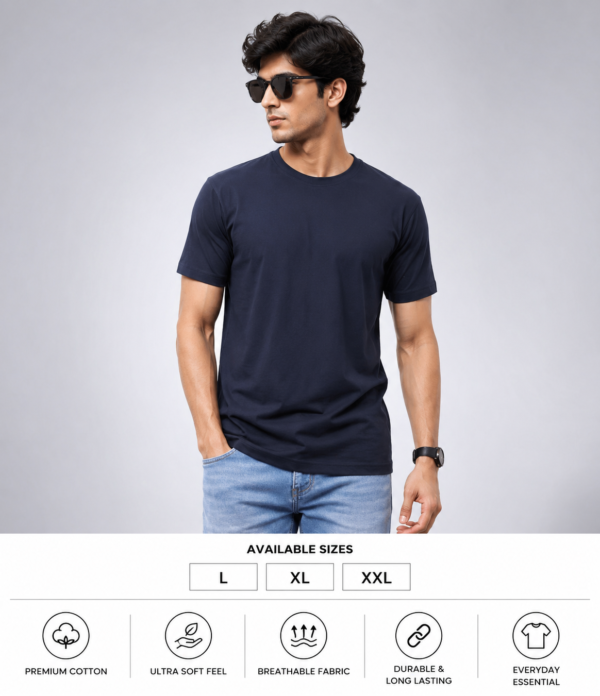 Men's Navy Blue Cotton T-Shirt Regular Fit Round Neck Casual Plain Tee