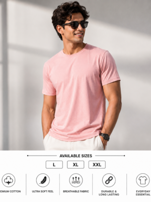 Men's Baby Pink Cotton T-Shirt Regular Fit Round Neck Casual Plain Tee
