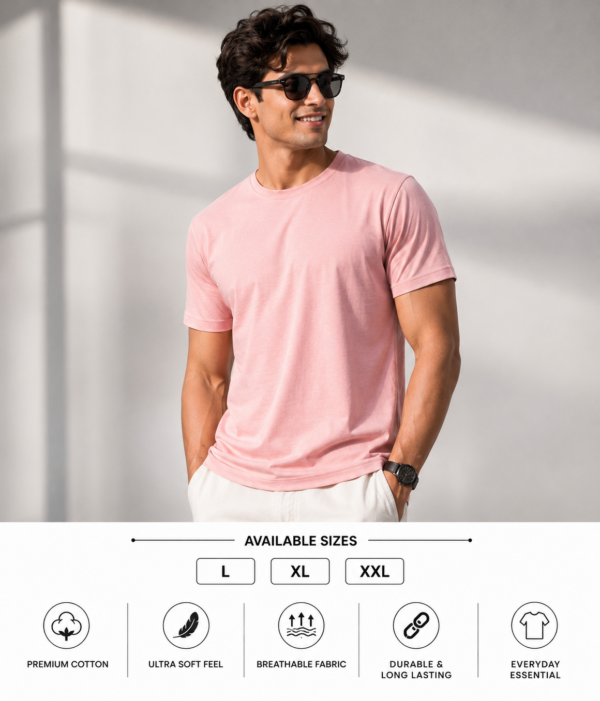 Men's Baby Pink Cotton T-Shirt Regular Fit Round Neck Casual Plain Tee