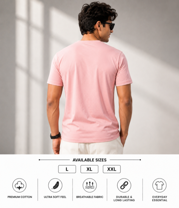 Men's Baby Pink Cotton T-Shirt Regular Fit Round Neck Casual Plain Tee