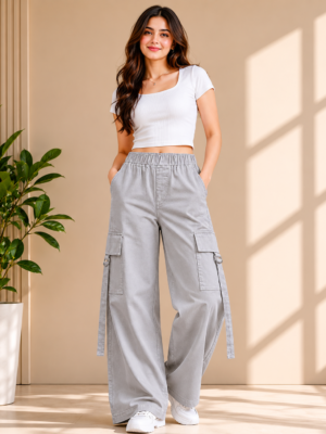 Girls Wide Leg Cargo Pants | Trendy High Waist Cargo Trousers for Girls Casual Wear