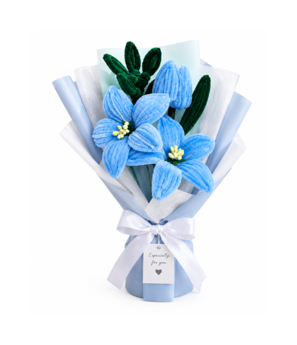 Handmade Blue Tulip & Lily Pipe Cleaner Flower Bouquet | Premium Chenille Artificial Flower Bouquet for Birthday, Anniversary, Valentine's Day & Home Decor