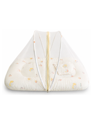Baby Mosquito Net Bedding Set with Pillow – Soft Cream Printed Newborn Baby Sleeping Bed