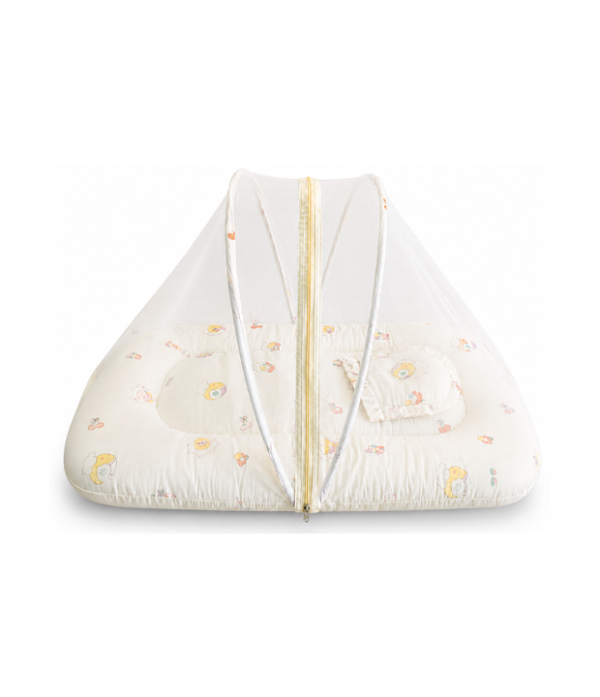 Baby Mosquito Net Bedding Set with Pillow – Soft Cream Printed Newborn Baby Sleeping Bed