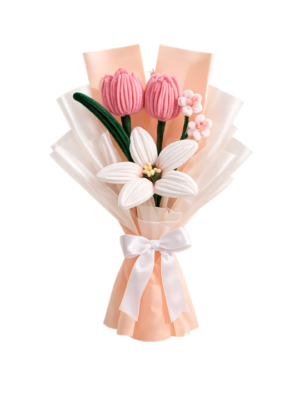 Handmade Pink Tulip & White Lily Pipe Cleaner Flower Bouquet | Premium Chenille Flower Bouquet for Birthday, Anniversary, Valentine's Day & Proposal