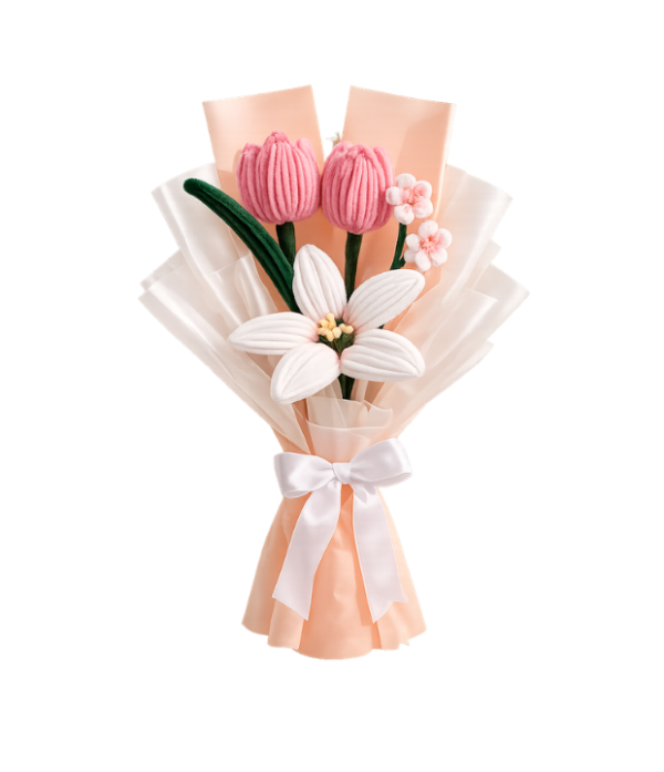 Handmade Pink Tulip & White Lily Pipe Cleaner Flower Bouquet | Premium Chenille Flower Bouquet for Birthday, Anniversary, Valentine's Day & Proposal
