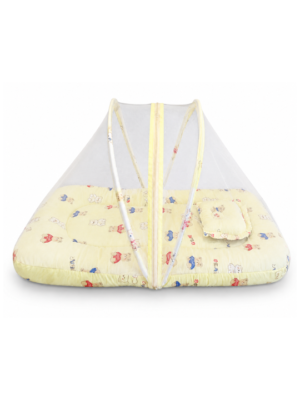 Baby Mosquito Net Bedding Set with Pillow – Soft Yellow Printed Newborn Sleeping Bed