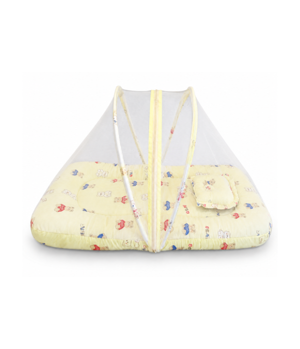 Baby Mosquito Net Bedding Set with Pillow – Soft Yellow Printed Newborn Sleeping Bed