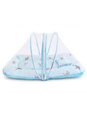 Baby Mosquito Net Bedding Set with Pillow – Soft Blue Printed Baby Sleeping Bed with Protective Net