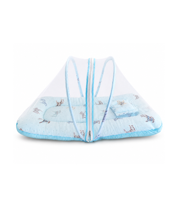 Baby Mosquito Net Bedding Set with Pillow – Soft Blue Printed Baby Sleeping Bed with Protective Net