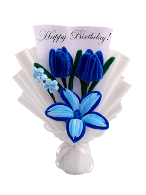 Handmade Blue Tulip & Lily Pipe Cleaner Flower Bouquet with Birthday Greeting Card | Cute Gift Bouquet for Birthday & Anniversary