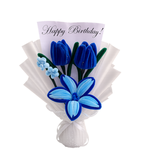 Handmade Blue Tulip & Lily Pipe Cleaner Flower Bouquet with Birthday Greeting Card | Cute Gift Bouquet for Birthday & Anniversary