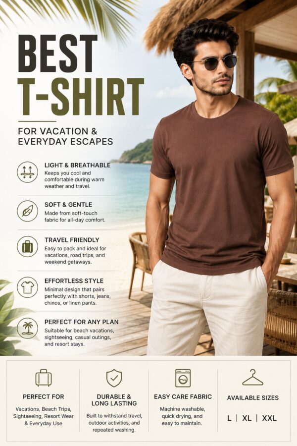 Men's Coffee Brown Cotton T-Shirt Regular Fit Round Neck Casual Plain Tee