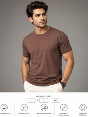 Men's Coffee Brown Cotton T-Shirt Regular Fit Round Neck Casual Plain Tee
