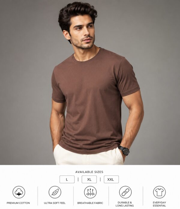 Men's Coffee Brown Cotton T-Shirt Regular Fit Round Neck Casual Plain Tee