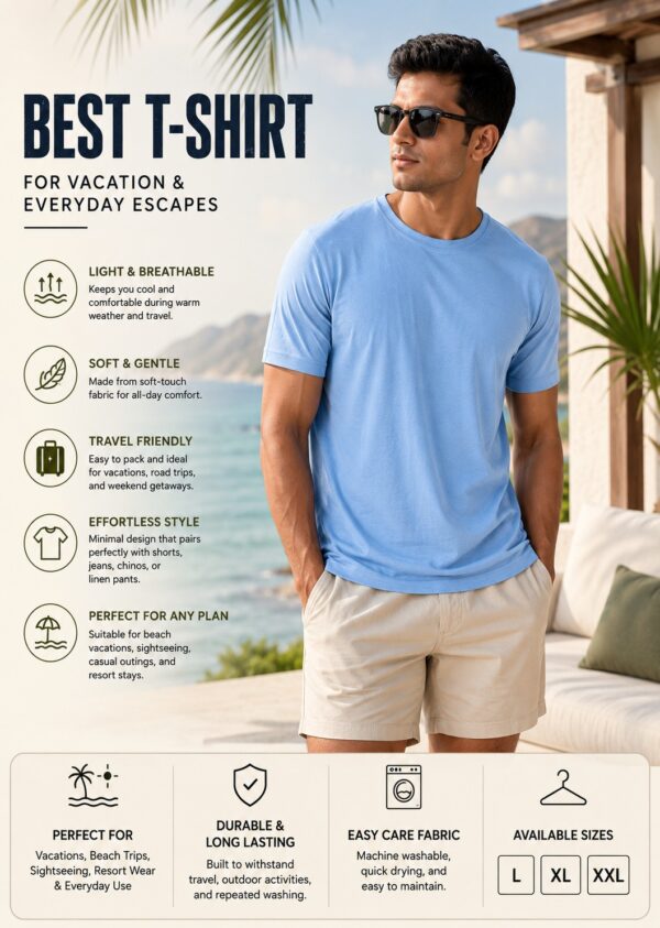 Men's Premium Sky Blue Cotton T-Shirt | Regular Fit Round Neck Half Sleeve
