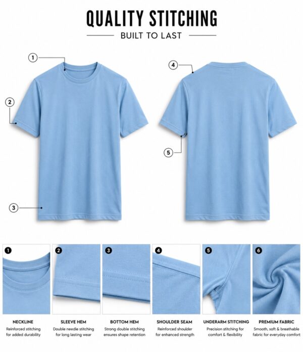 Men's Premium Sky Blue Cotton T-Shirt | Regular Fit Round Neck Half Sleeve