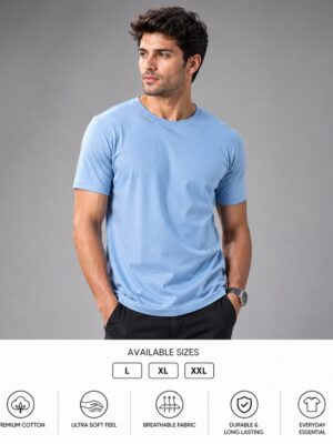 Men's Premium Sky Blue Cotton T-Shirt | Regular Fit Round Neck Half Sleeve