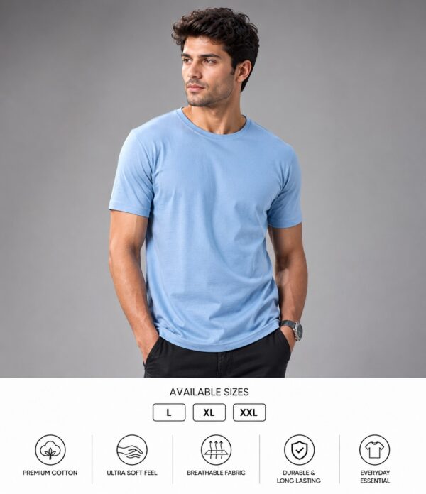 Men's Premium Sky Blue Cotton T-Shirt | Regular Fit Round Neck Half Sleeve