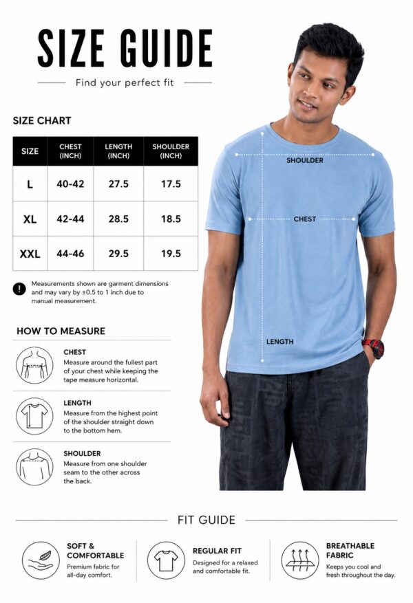 Men's Premium Sky Blue Cotton T-Shirt | Regular Fit Round Neck Half Sleeve