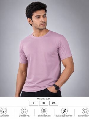 Men's Dusty Pink Cotton T-Shirt Regular Fit Round Neck Casual Plain Tee