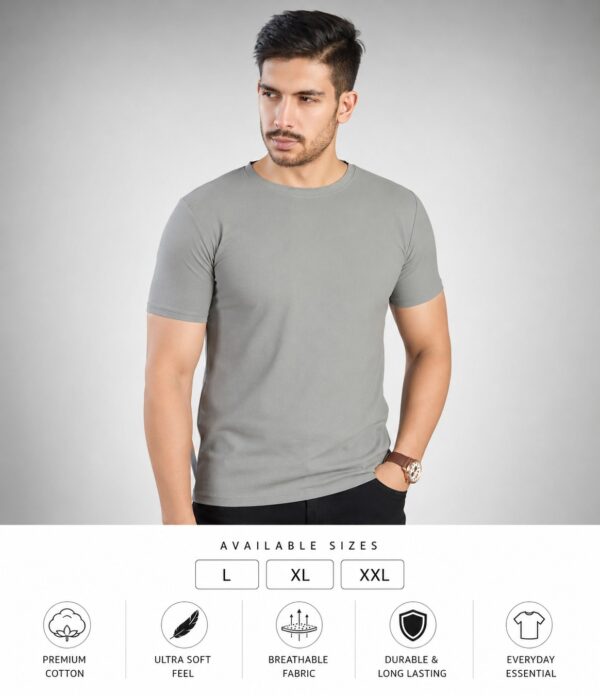 Men's Light Grey T-Shirt | Regular Fit Round Neck Half Sleeve