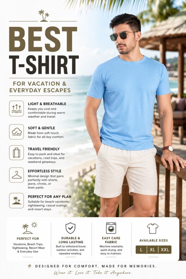 Men's Sky Blue T-Shirt Regular Fit Round Neck Casual Wear