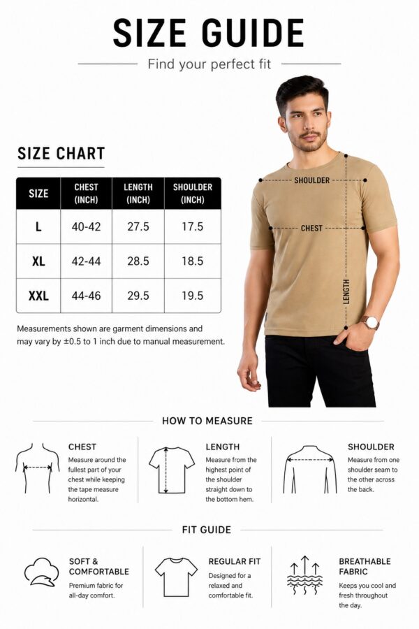Men's Beige T-Shirt Regular Fit Round Neck Casual Wear