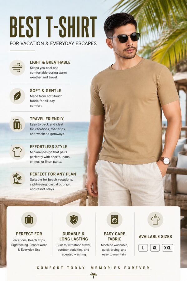Men's Beige T-Shirt Regular Fit Round Neck Casual Wear