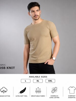 Men's Beige T-Shirt Regular Fit Round Neck Casual Wear