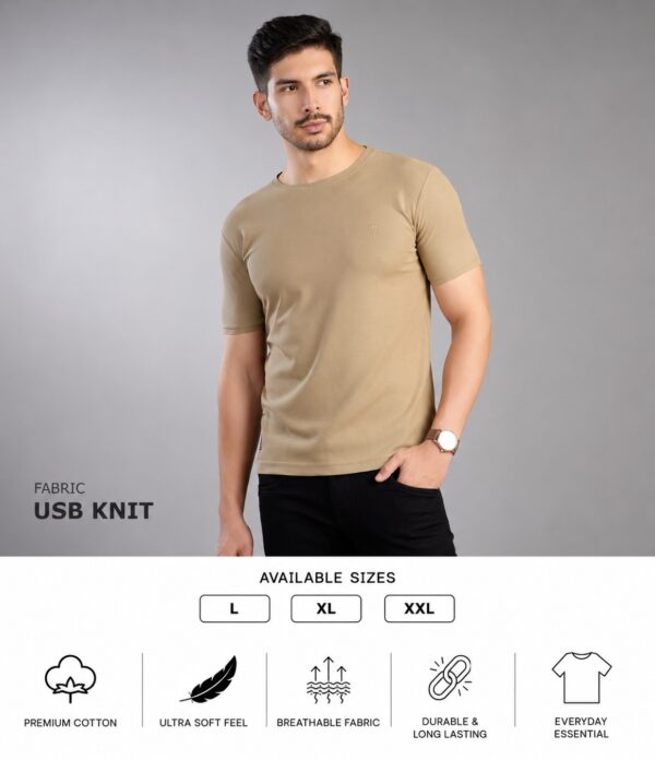 Men's Beige T-Shirt Regular Fit Round Neck Casual Wear