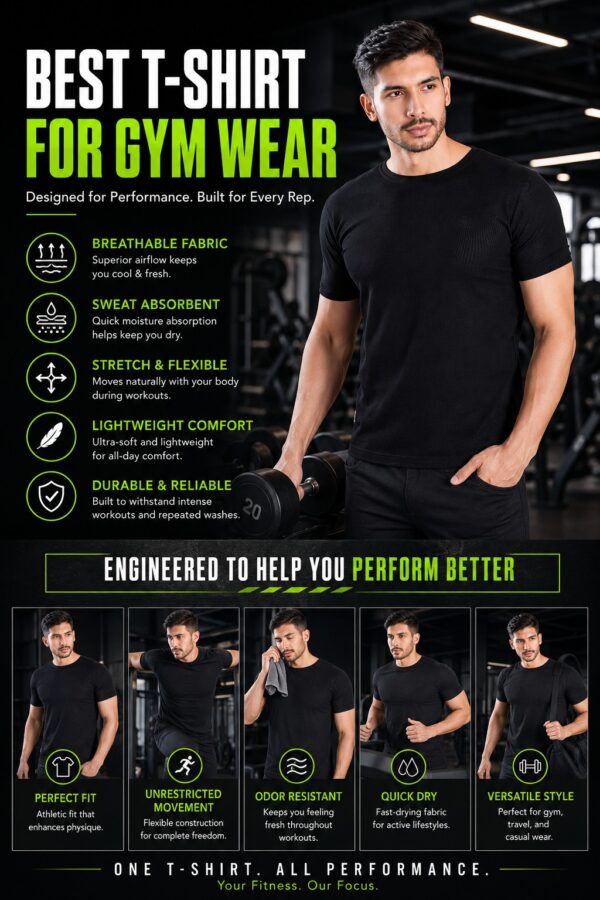 Men's Black T-Shirt Regular Fit Round Neck Casual Wear
