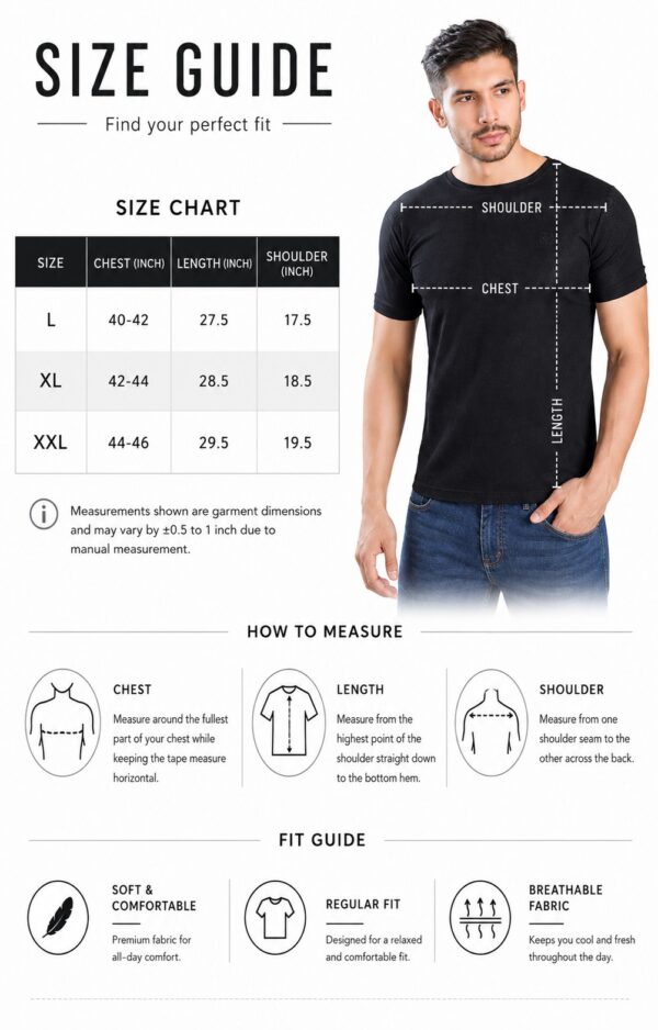 Men's Black T-Shirt Regular Fit Round Neck Casual Wear