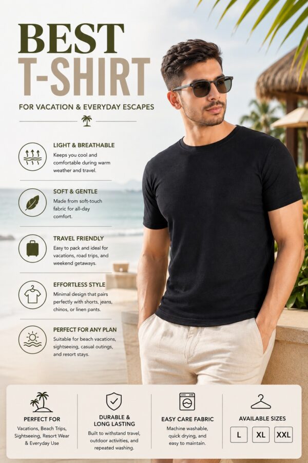 Men's Black T-Shirt Regular Fit Round Neck Casual Wear