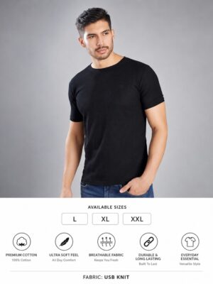 Men's Black T-Shirt Regular Fit Round Neck Casual Wear