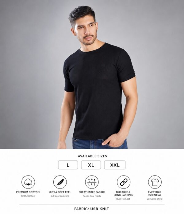 Men's Black T-Shirt Regular Fit Round Neck Casual Wear