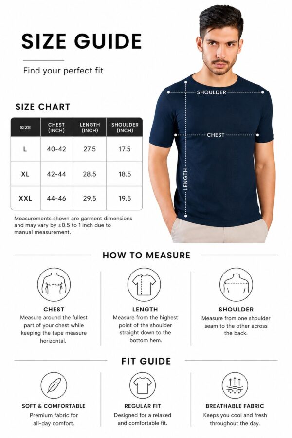Men's Navy Blue T-Shirt Regular Fit Round Neck Casual Wear