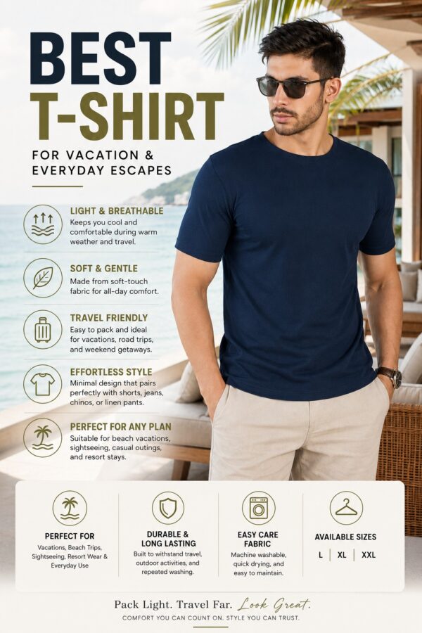 Men's Navy Blue T-Shirt Regular Fit Round Neck Casual Wear